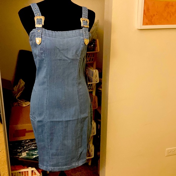 Denim Buckled Mini Dress - Picture 1 of 6